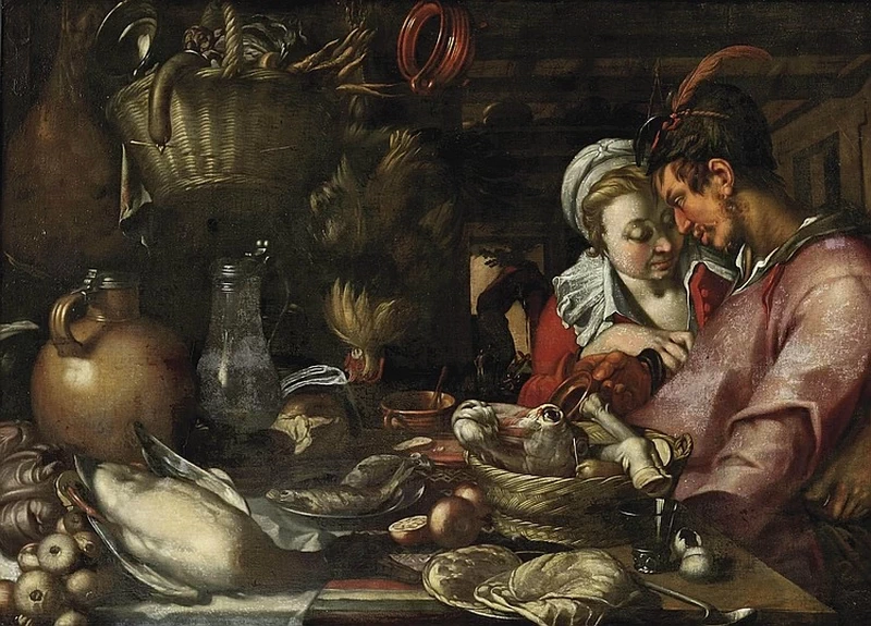 Una natura morta di cucina con una coppia in piedi accanto a un tavolo con un'elaborata esposizione di carne, pesce, verdura e frutta - attribuito